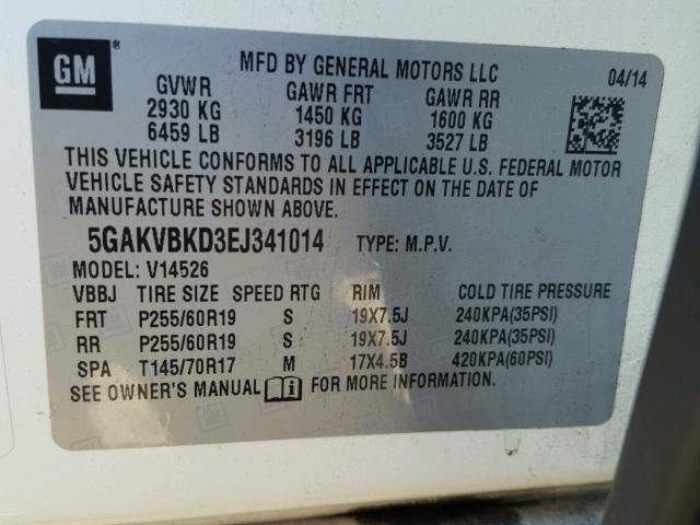 5GAKVBKD3EJ341014 - 2014 BUICK ENCLAVE WHITE photo 10