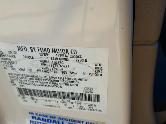 1FMCU0DG3AKA32208 - 2010 FORD ESCAPE XLT WHITE photo 10