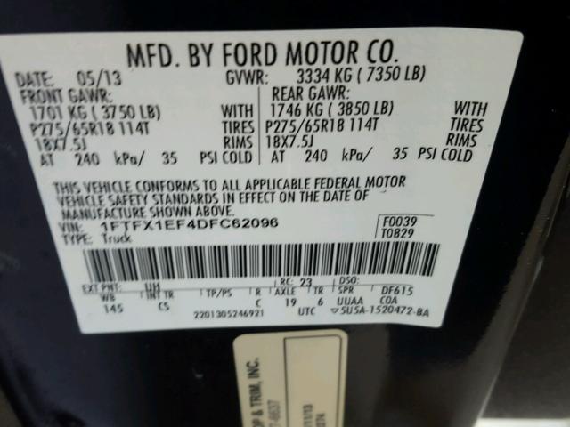 1FTFX1EF4DFC62096 - 2013 FORD F150 SUPER BLACK photo 10