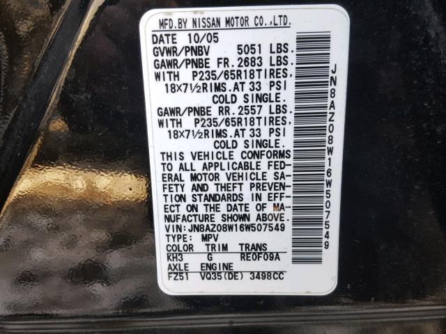 JN8AZ08W16W507549 - 2006 NISSAN MURANO SL BLACK photo 10