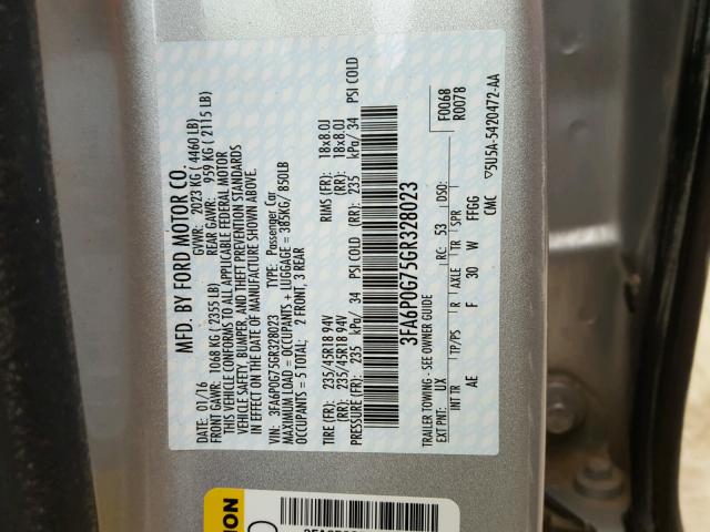 3FA6P0G75GR328023 - 2016 FORD FUSION S SILVER photo 10