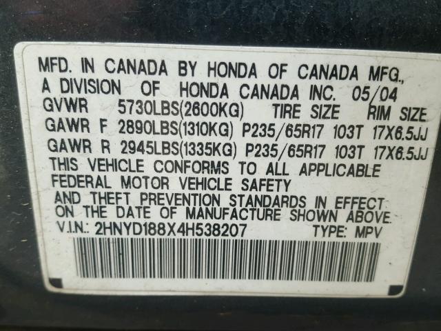 2HNYD188X4H538207 - 2004 ACURA MDX TOURIN GRAY photo 10