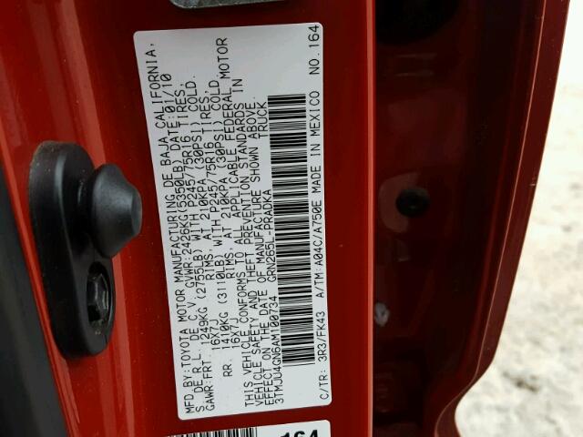 3TMJU4GN6AM100734 - 2010 TOYOTA TACOMA DOU RED photo 10