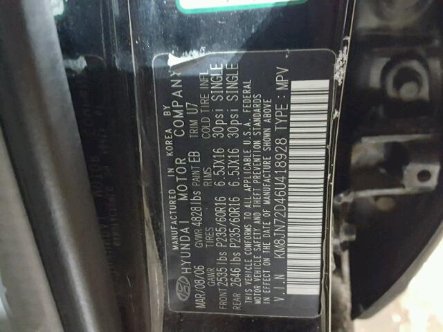 KM8JN72D46U418928 - 2006 HYUNDAI TUCSON GLS BLACK photo 10