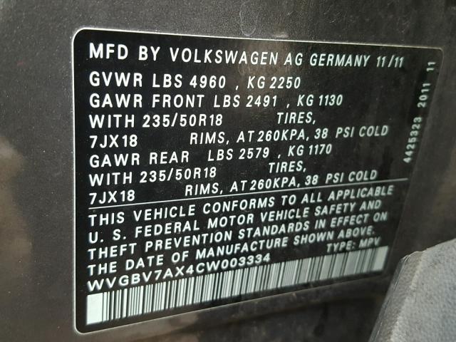 WVGBV7AX4CW003334 - 2012 VOLKSWAGEN TIGUAN S GRAY photo 10