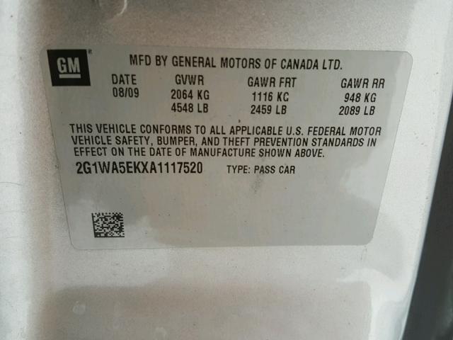 2G1WA5EKXA1117520 - 2010 CHEVROLET IMPALA LS SILVER photo 10