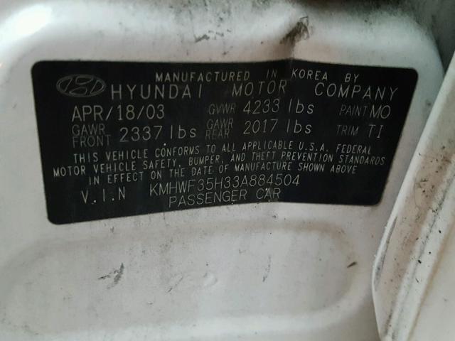 KMHWF35H33A884504 - 2003 HYUNDAI SONATA GLS WHITE photo 10