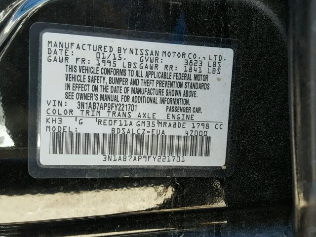 3N1AB7AP9FY221701 - 2015 NISSAN SENTRA S BLACK photo 10