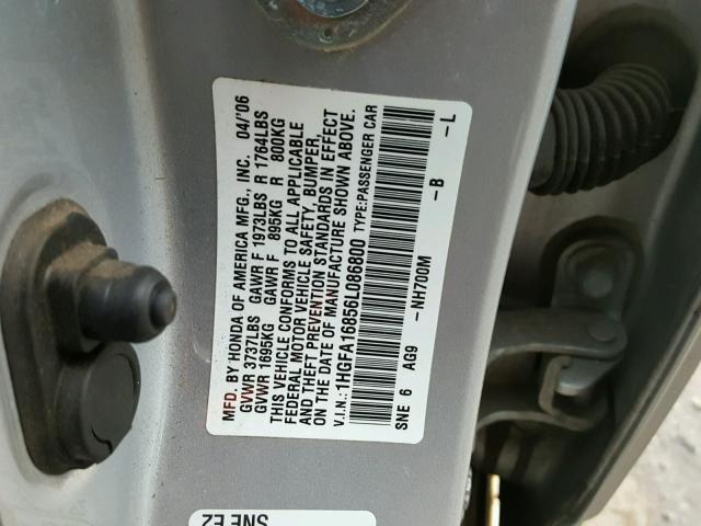 1HGFA16856L086800 - 2006 HONDA CIVIC EX SILVER photo 10