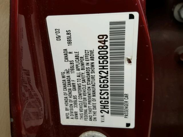 2HGES165X2H580849 - 2002 HONDA CIVIC LX BURGUNDY photo 10