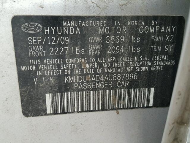 KMHDU4AD4AU887896 - 2010 HYUNDAI ELANTRA BL SILVER photo 10