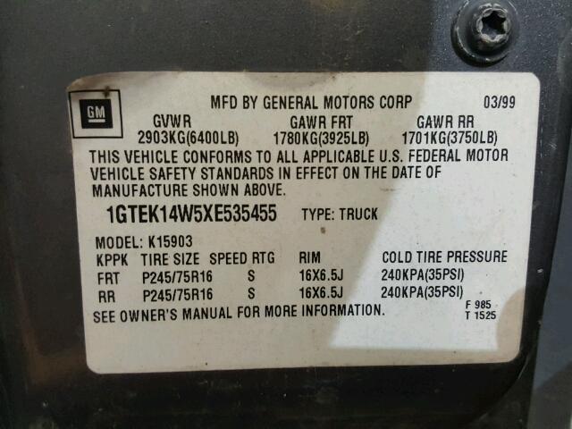 1GTEK14W5XE535455 - 1999 GMC NEW SIERRA GRAY photo 10