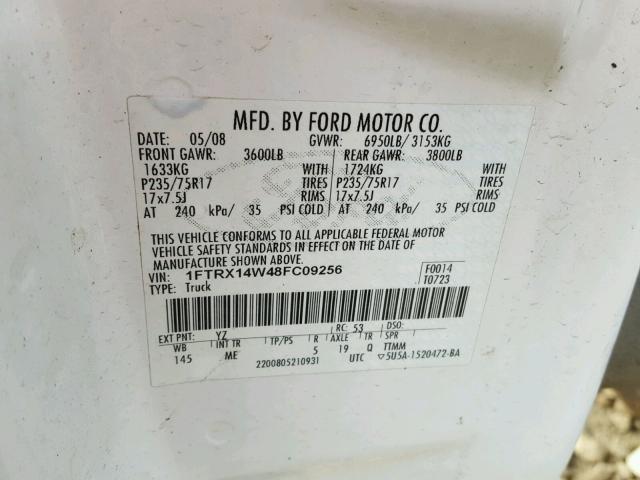 1FTRX14W48FC09256 - 2008 FORD F150 BURN photo 10