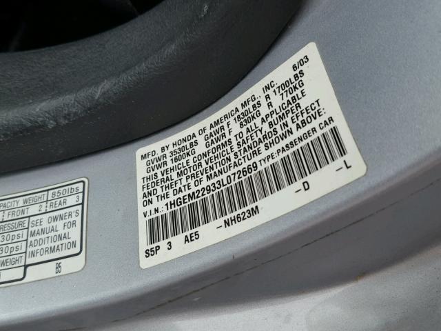 1HGEM22933L072669 - 2003 HONDA CIVIC EX SILVER photo 10