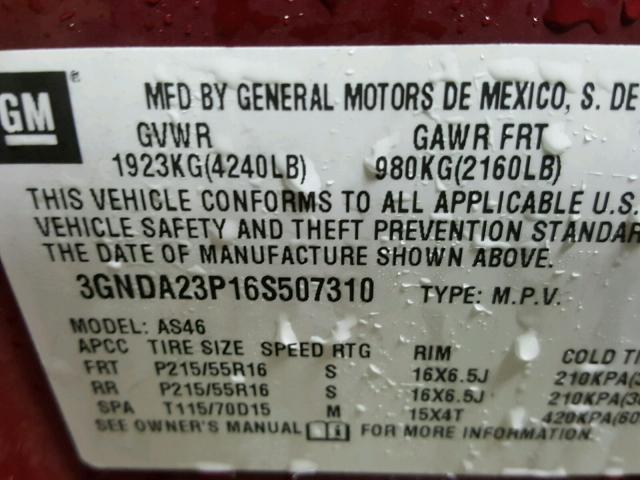 3GNDA23P16S507310 - 2006 CHEVROLET HHR LT MAROON photo 10