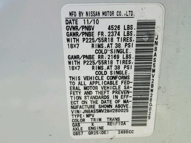 JN8AS5MV2BW280025 - 2011 NISSAN ROGUE S WHITE photo 10