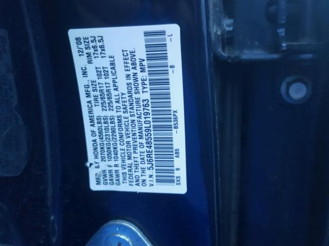 5J6RE48559L019763 - 2009 HONDA CR-V EX BLUE photo 10