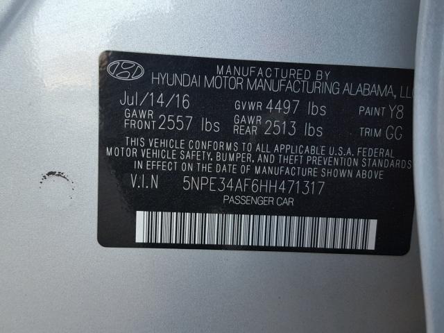 5NPE34AF6HH471317 - 2017 HYUNDAI SONATA SPO SILVER photo 10