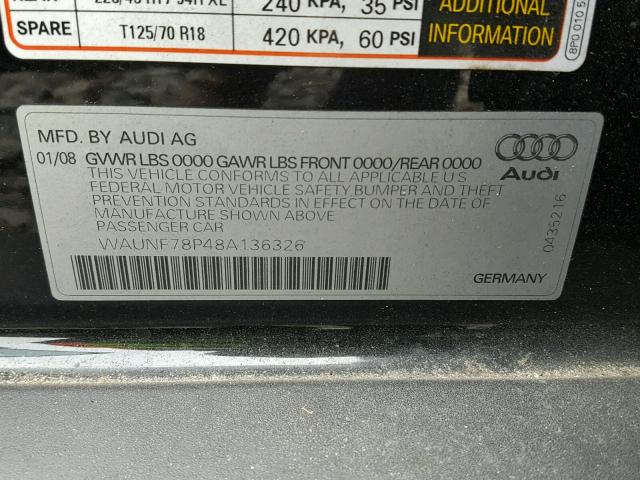 WAUNF78P48A136326 - 2008 AUDI A3 2.0 PRE BLACK photo 10