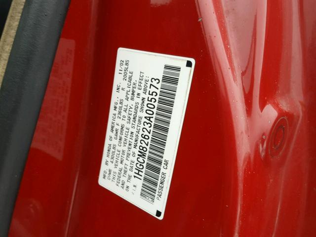 1HGCM82623A005573 - 2003 HONDA ACCORD EX RED photo 10