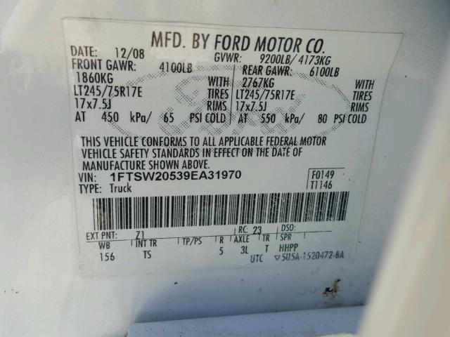 1FTSW20539EA31970 - 2009 FORD F250 SUPER WHITE photo 10