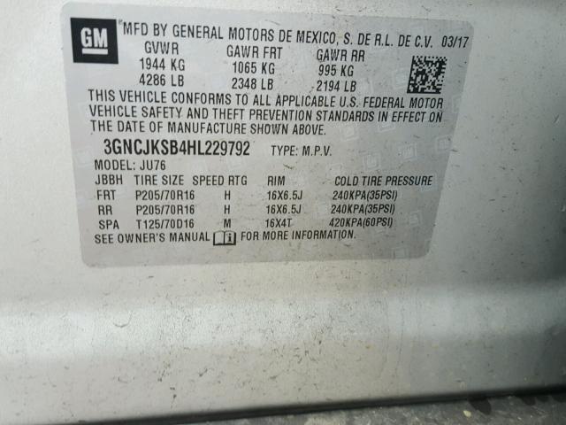 3GNCJKSB4HL229792 - 2017 CHEVROLET TRAX LS SILVER photo 10