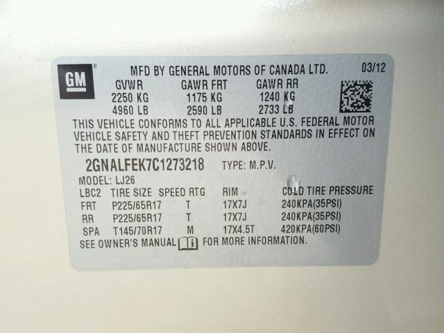 2GNALFEK7C1273218 - 2012 CHEVROLET EQUINOX LT BEIGE photo 10