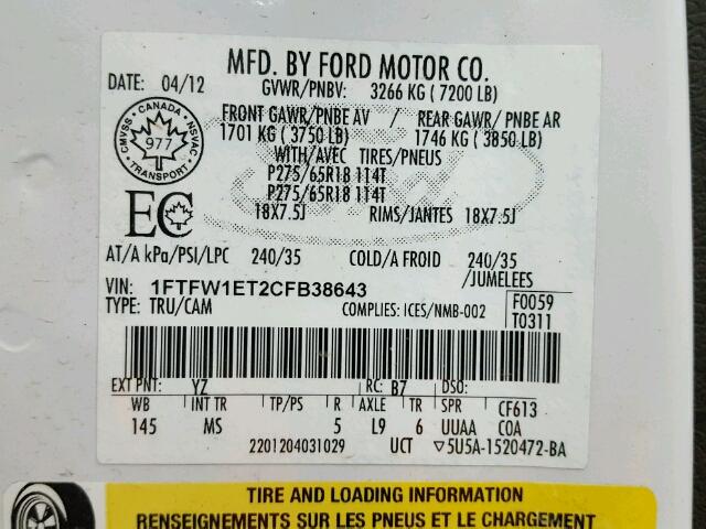1FTFW1ET2CFB38643 - 2012 FORD F150 SUPER WHITE photo 10