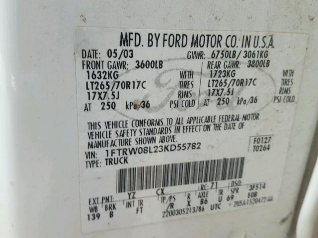 1FTRW08L23KD55782 - 2003 FORD F150 SUPER WHITE photo 10