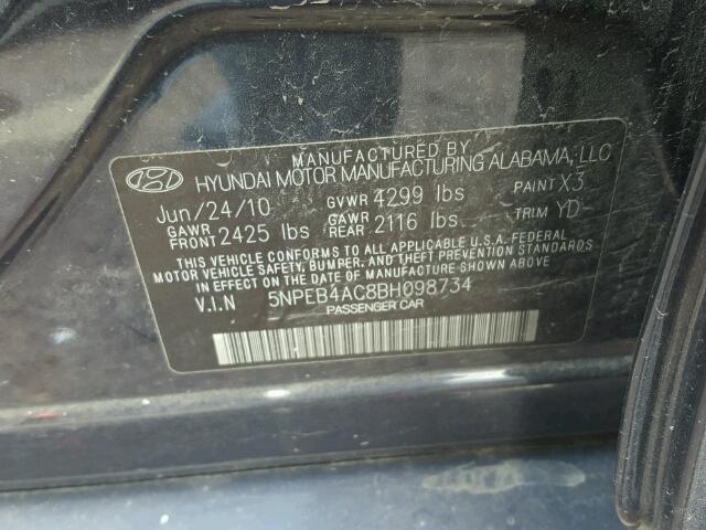 5NPEB4AC8BH098734 - 2011 HYUNDAI SONATA GLS BLACK photo 10