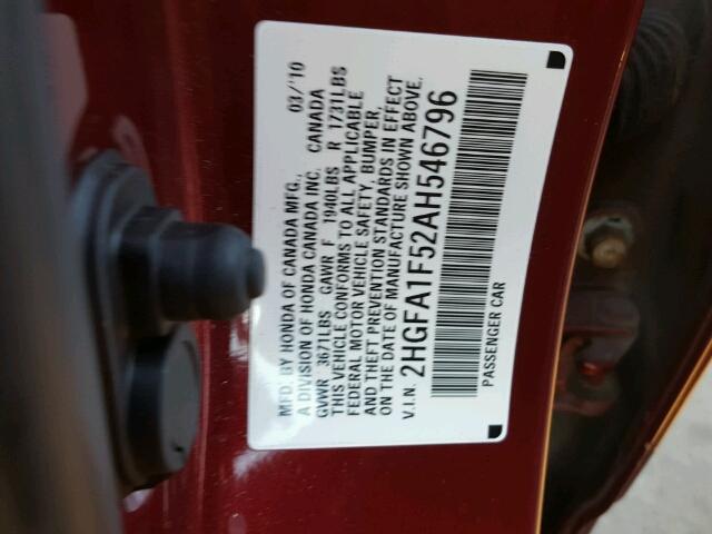 2HGFA1F52AH546796 - 2010 HONDA CIVIC LX MAROON photo 10