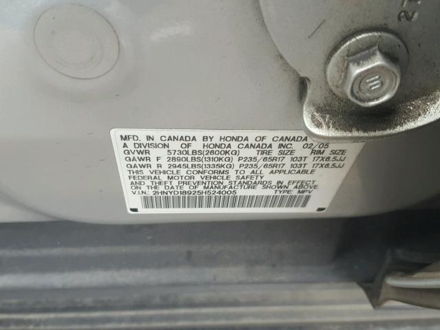 2HNYD18925H524005 - 2005 ACURA MDX TOURIN SILVER photo 10