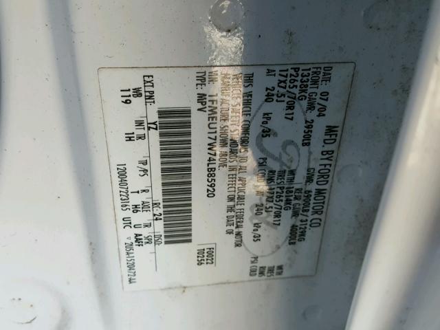 1FMEU17W74LB85920 - 2004 FORD EXPEDITION WHITE photo 10