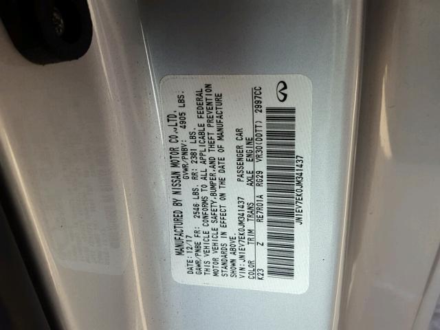 JN1EV7EK0JM341437 - 2018 INFINITI Q60 PREMIU SILVER photo 10