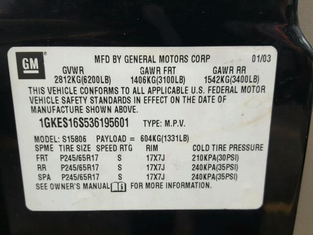 1GKES16S536195601 - 2003 GMC ENVOY XL BLACK photo 10