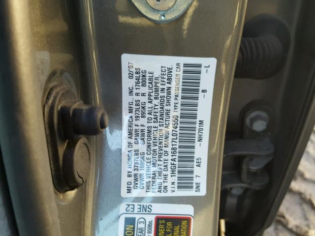 1HGFA16817L074550 - 2007 HONDA CIVIC EX GRAY photo 10