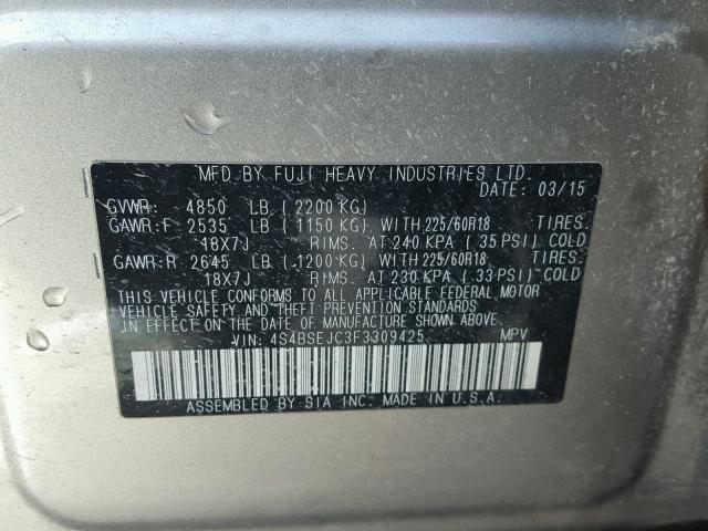 4S4BSEJC3F3309425 - 2015 SUBARU OUTBACK 3. SILVER photo 10