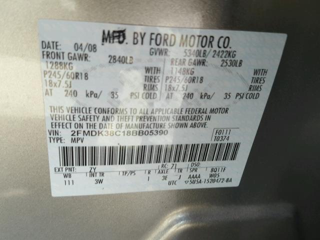 2FMDK38C18BB05390 - 2008 FORD EDGE SEL GRAY photo 10