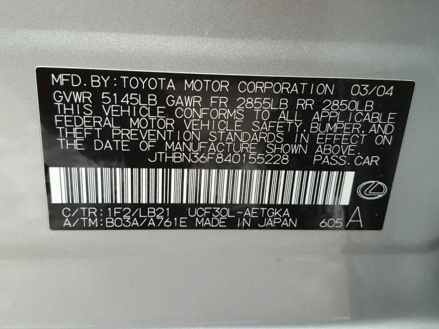 JTHBN36F840155228 - 2004 LEXUS LS 430 SILVER photo 10