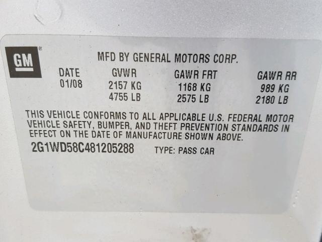 2G1WD58C481205288 - 2008 CHEVROLET IMPALA SUP 银色 照片 10