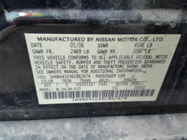 1N4BA41E46C862674 - 2006 NISSAN MAXIMA SE BLACK photo 10