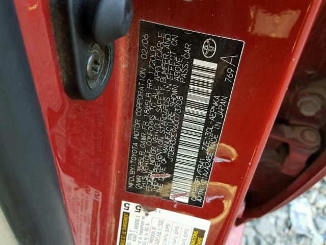 JTDBR32E960073708 - 2006 TOYOTA COROLLA CE RED photo 10