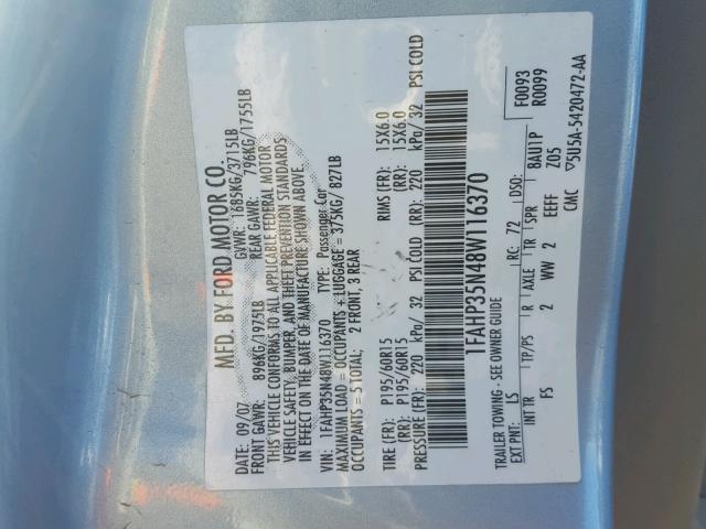 1FAHP35N48W116370 - 2008 FORD FOCUS SE BLUE photo 10