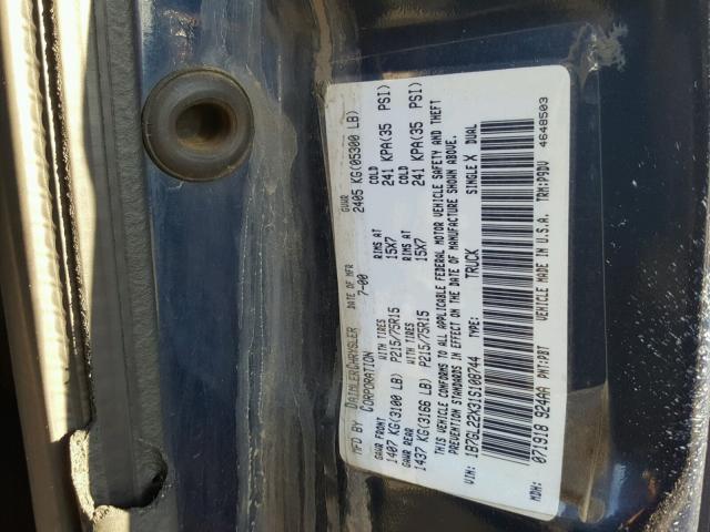 1B7GL22X31S108744 - 2001 DODGE DAKOTA BLUE photo 10