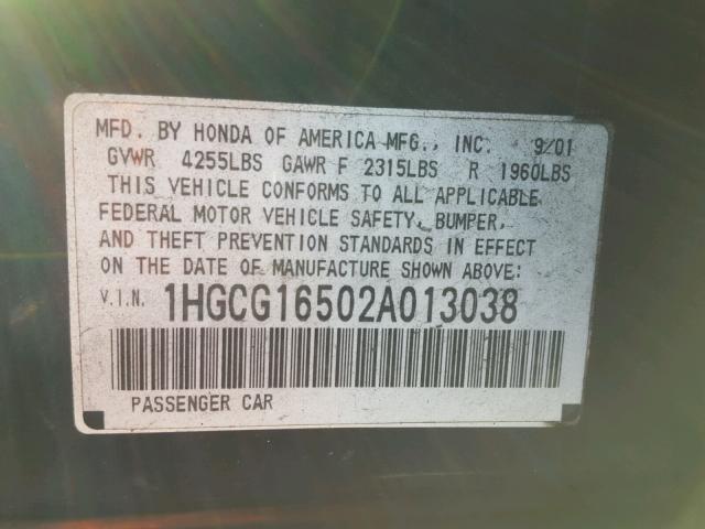 1HGCG16502A013038 - 2002 HONDA ACCORD EX BLACK photo 10