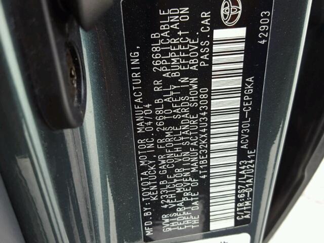 4T1BE32KX4U343080 - 2004 TOYOTA CAMRY LE GREEN photo 10