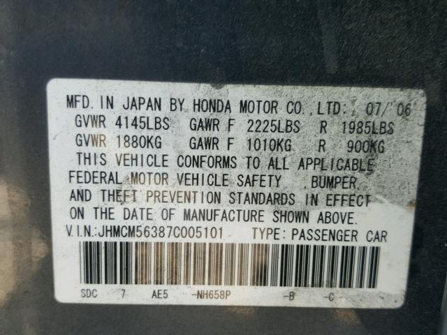 JHMCM56387C005101 - 2007 HONDA ACCORD SE GRAY photo 10