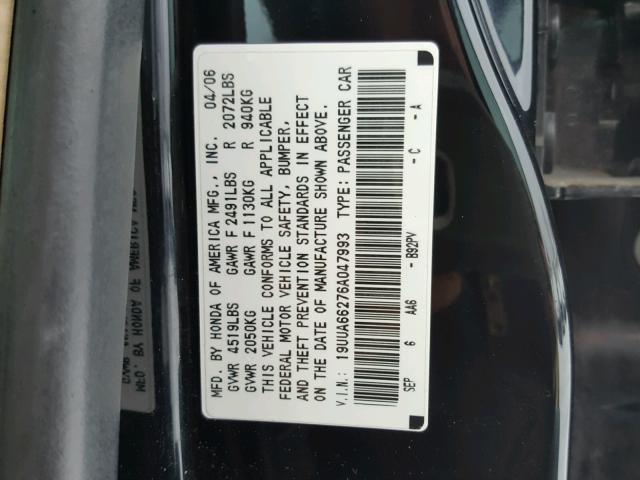 19UUA66276A047993 - 2006 ACURA 3.2TL BLACK photo 10