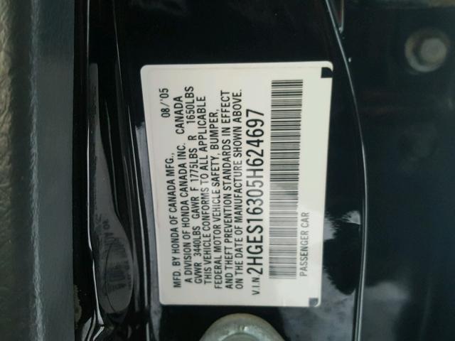 2HGES16305H624697 - 2005 HONDA CIVIC DX V BLACK photo 10