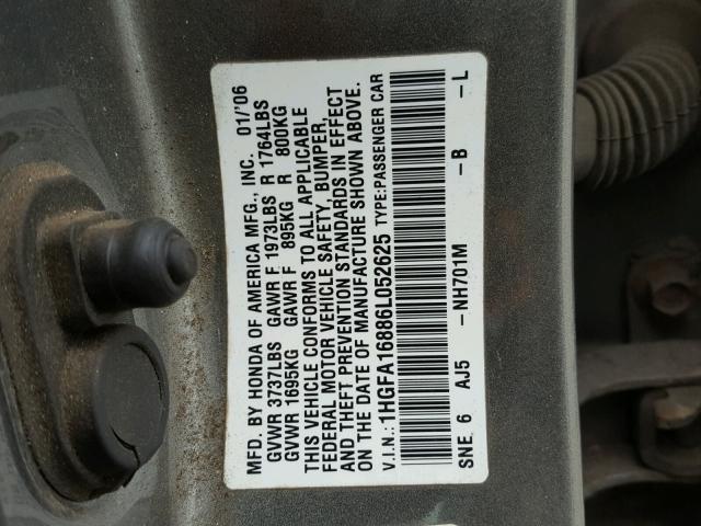 1HGFA16886L052625 - 2006 HONDA CIVIC EX BROWN photo 10